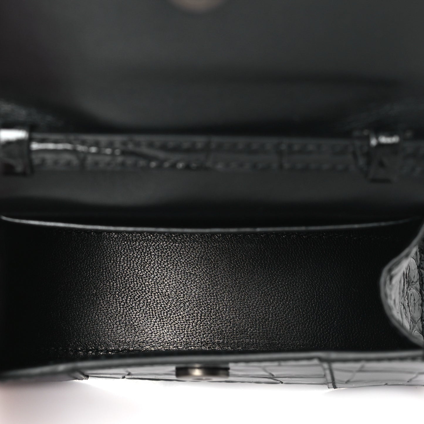 Shiny Calfskin Monochrome Crocodile Embossed Hourglass Top Handle Bag Mini Black