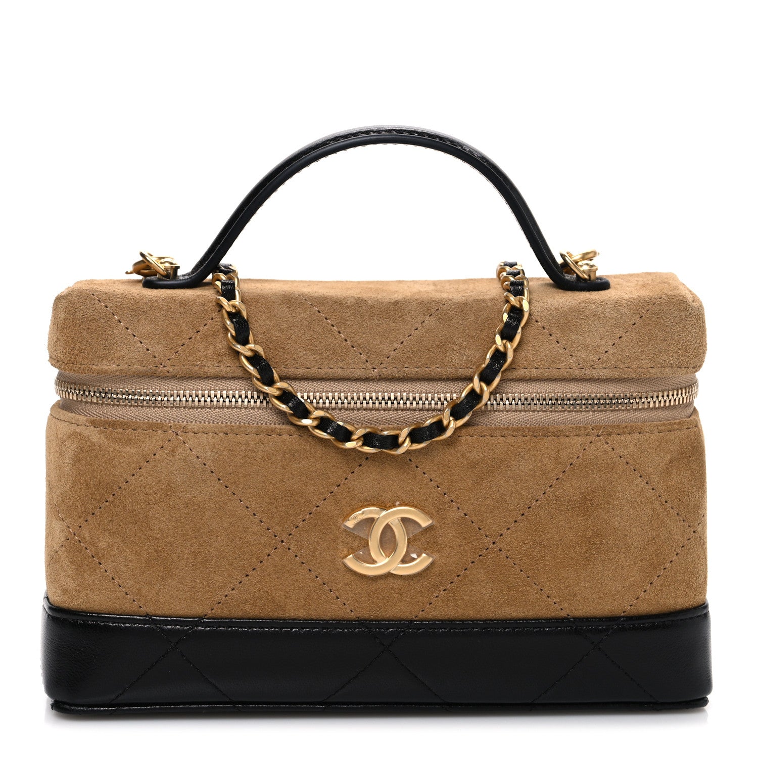 Chanel Suede Calfskin Shiny Lambskin Stitched Top Handle Slim Vanity Case With Chain Beige Black 1 of 11