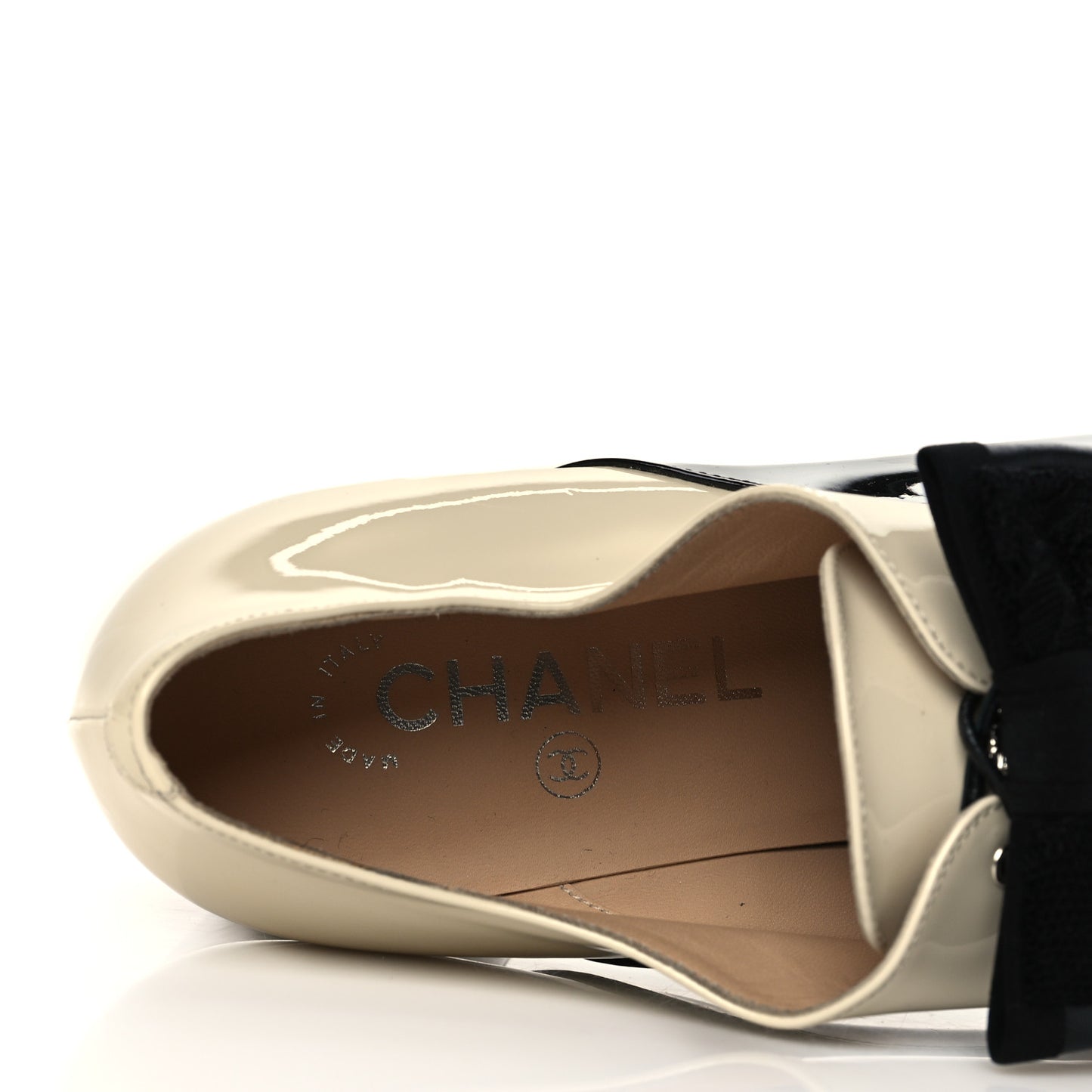 Patent Calfskin CC Bow Lace Up Oxford Pumps 39 Beige Black