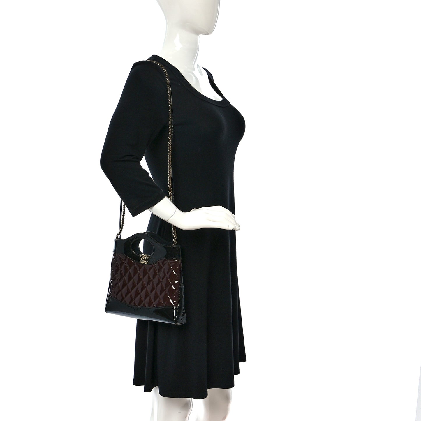 Patent Calfskin Quilted Mini 31 Shopping Bag Burgundy Black