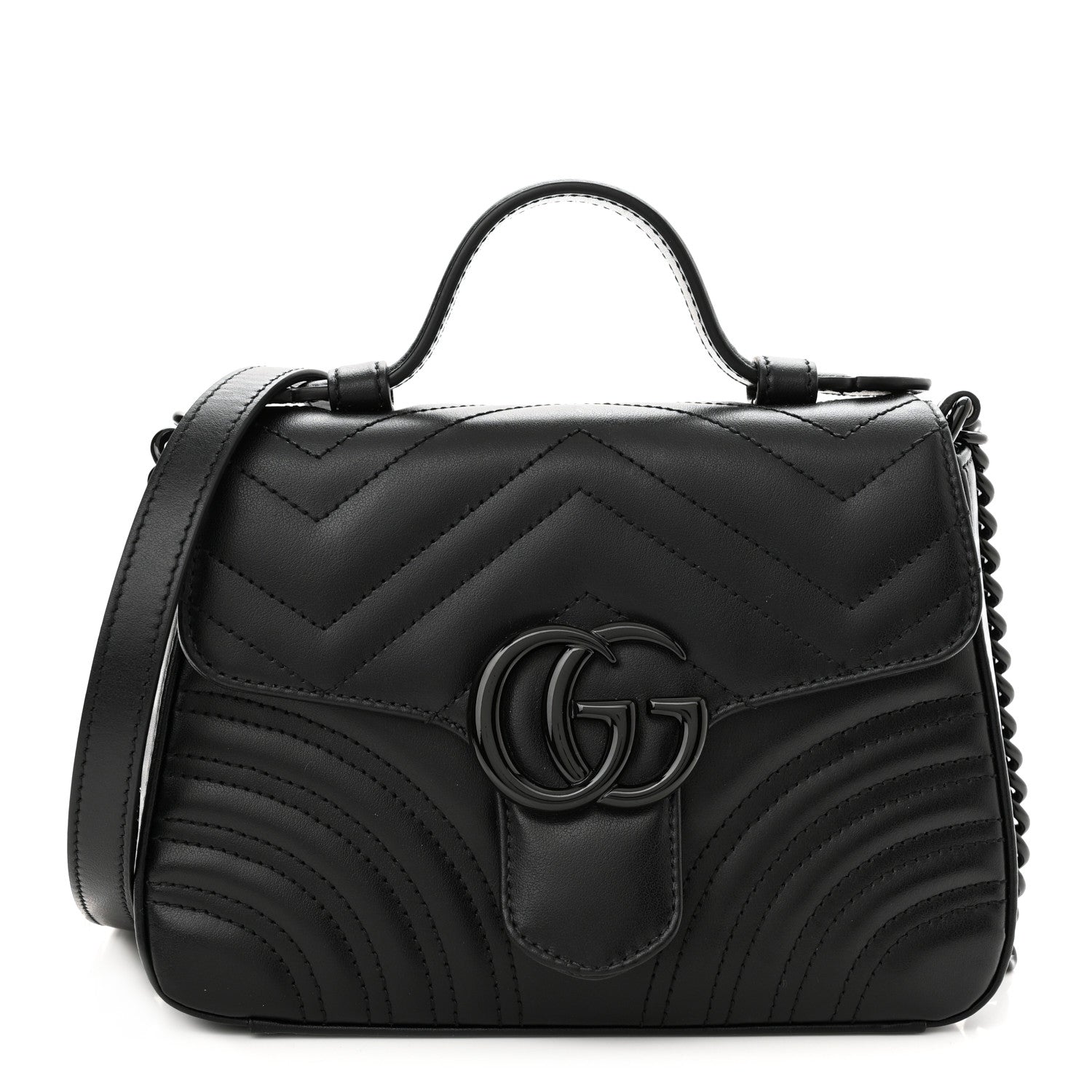 Gucci Calfskin Matelasse Monochrome Mini GG Marmont Top Handle Shoulder Bag Black 1 of 9