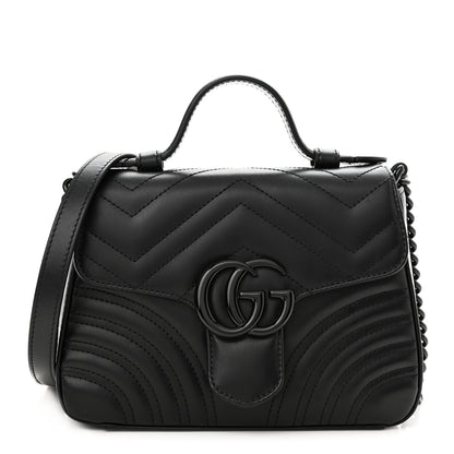 Gucci Calfskin Matelasse Monochrome Mini GG Marmont Top Handle Shoulder Bag Black 1 of 9