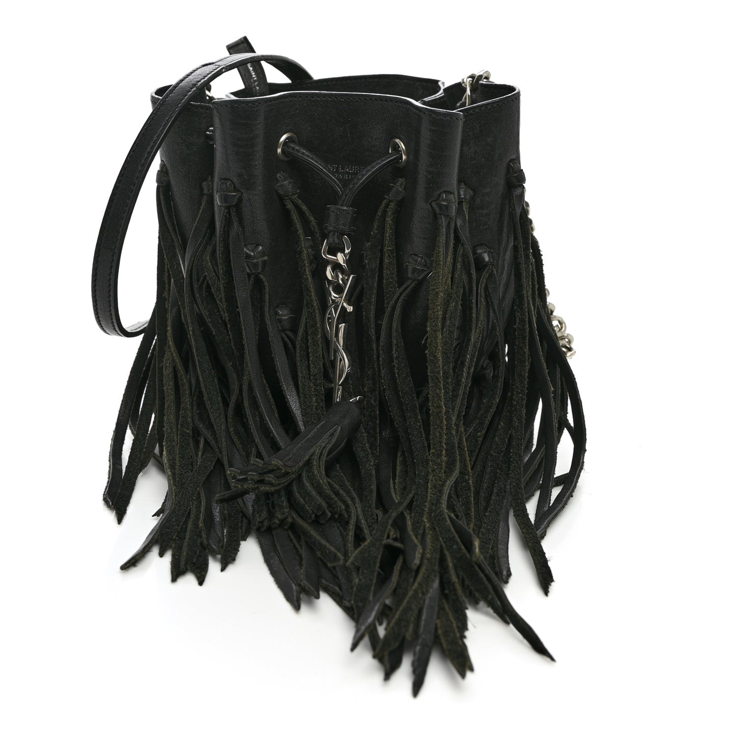 Calfskin Fringe Monogram Mini Bourse Bucket Bag Black