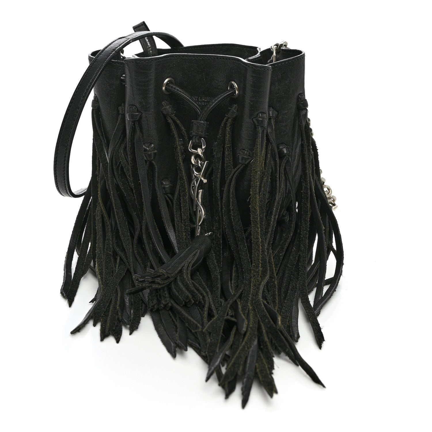 Saint Laurent Calfskin Fringe Monogram Mini Bourse Bucket Bag Black 1 of 11