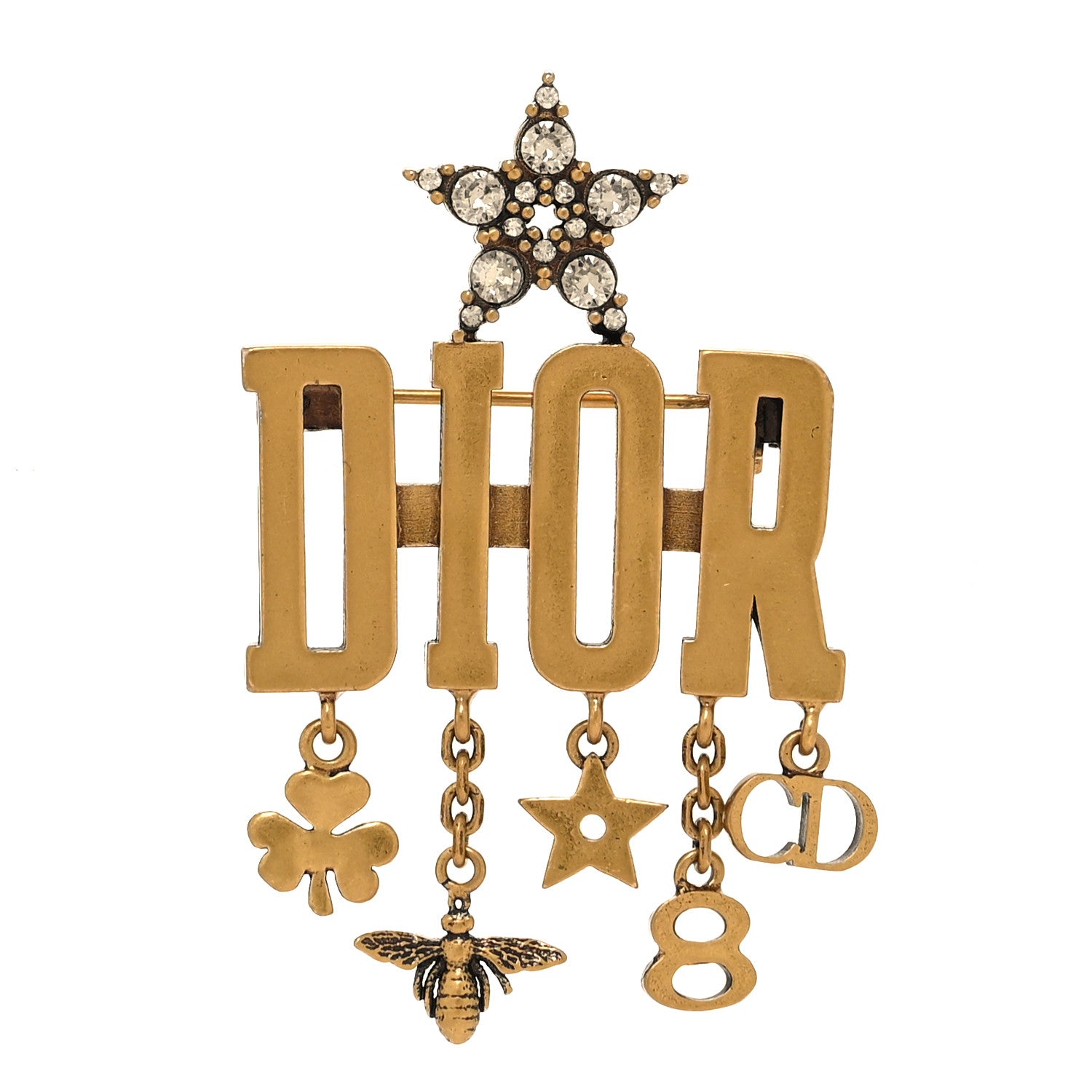 Christian Dior Metal Crystal Dio(r)evolution Logo Brooch Antique Gold 1 of 4