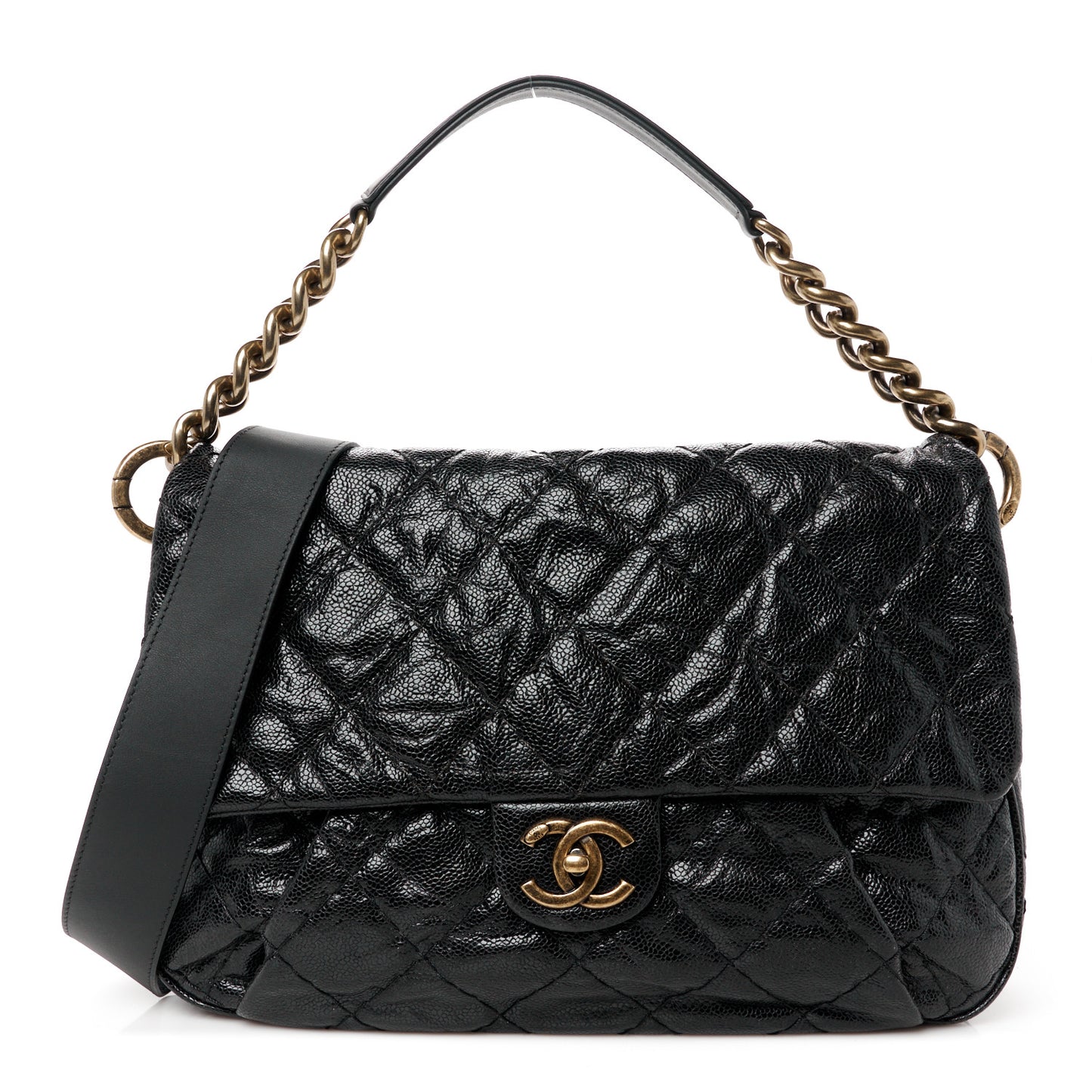 Crumpled Grained Calfskin Medium Coco Pleats Messenger Flap Black