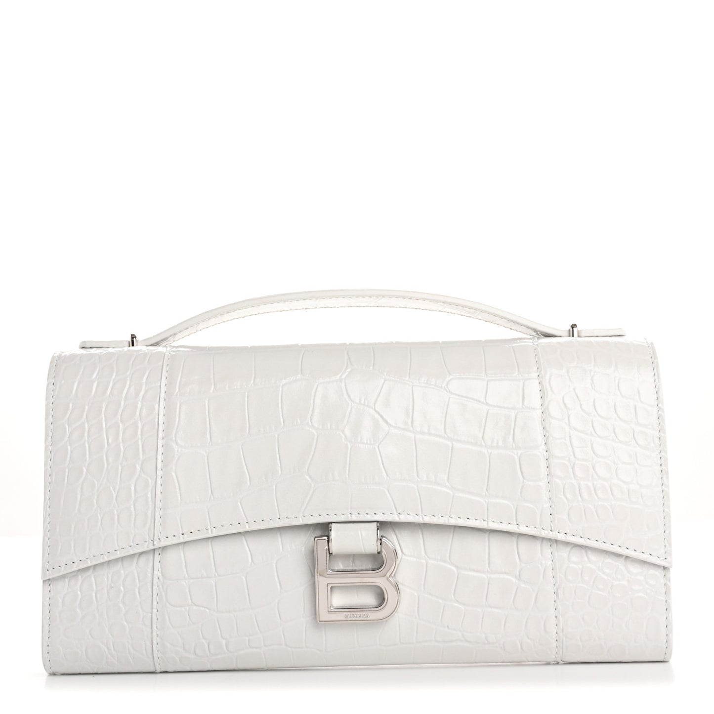 Shiny Calfskin Crocodile Embossed Top Handle Hourglass Clutch White