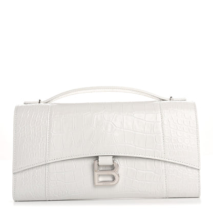 Balenciaga Shiny Calfskin Crocodile Embossed Top Handle Hourglass Clutch White 1 of 12