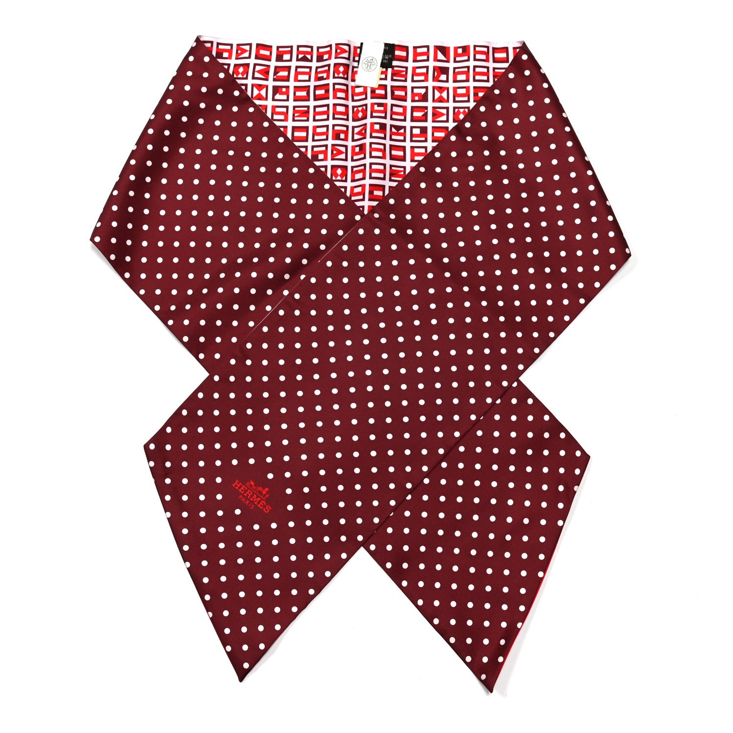 Hermes Silk Lettres Et Pois Maxi Twilly Cut Bordeaux Rouge Rose 1 of 3