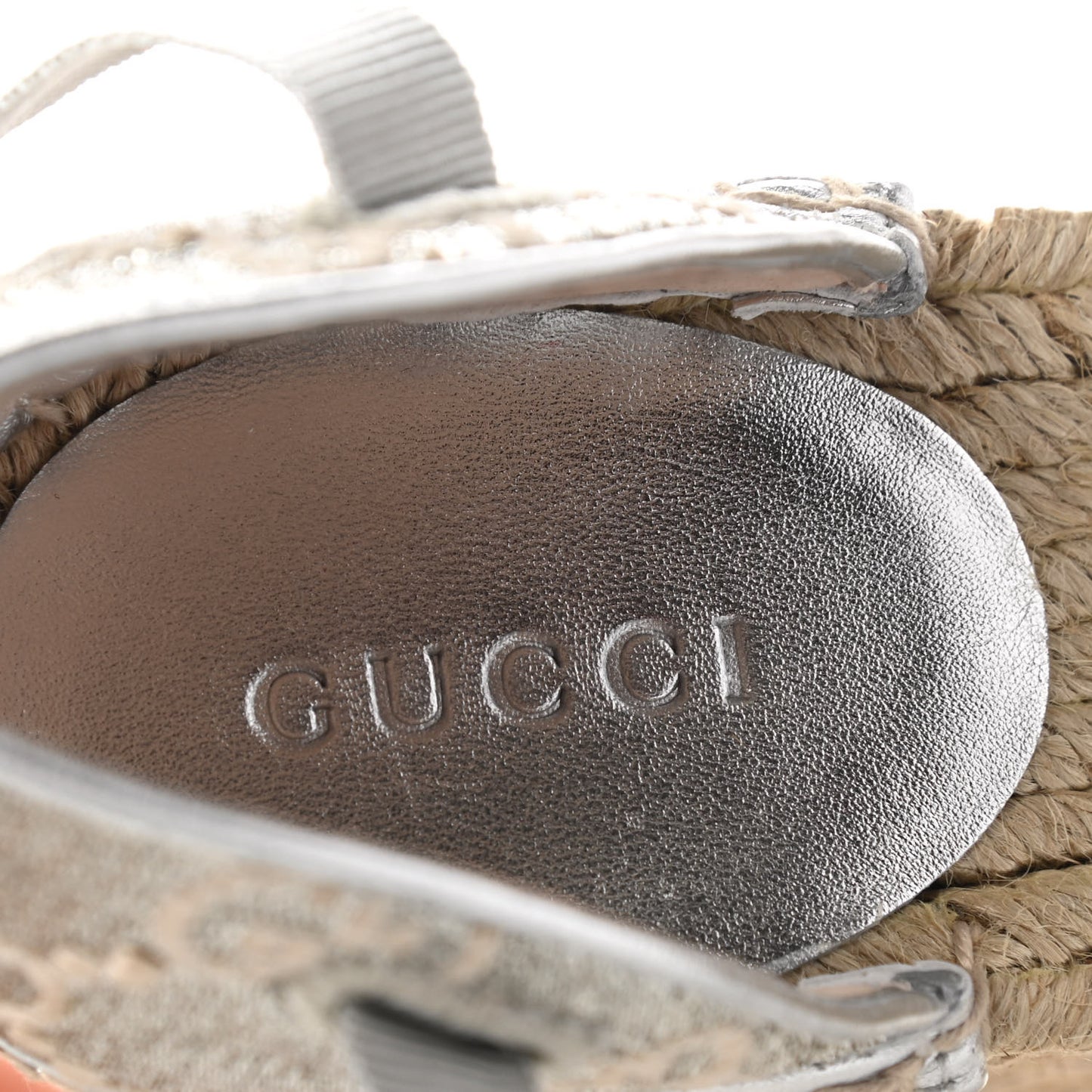 Lame GG Monogram Ankle Wrap Platform Espadrille Wedges 36 Silver Beige Light Grey