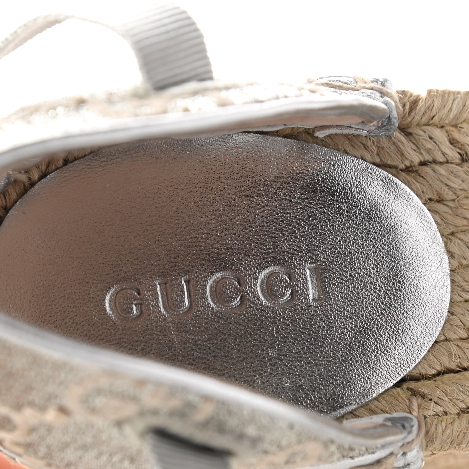 Gucci Lame GG Monogram Ankle Wrap Platform Espadrille Wedges 36 Silver Beige Light Grey 7 of 8