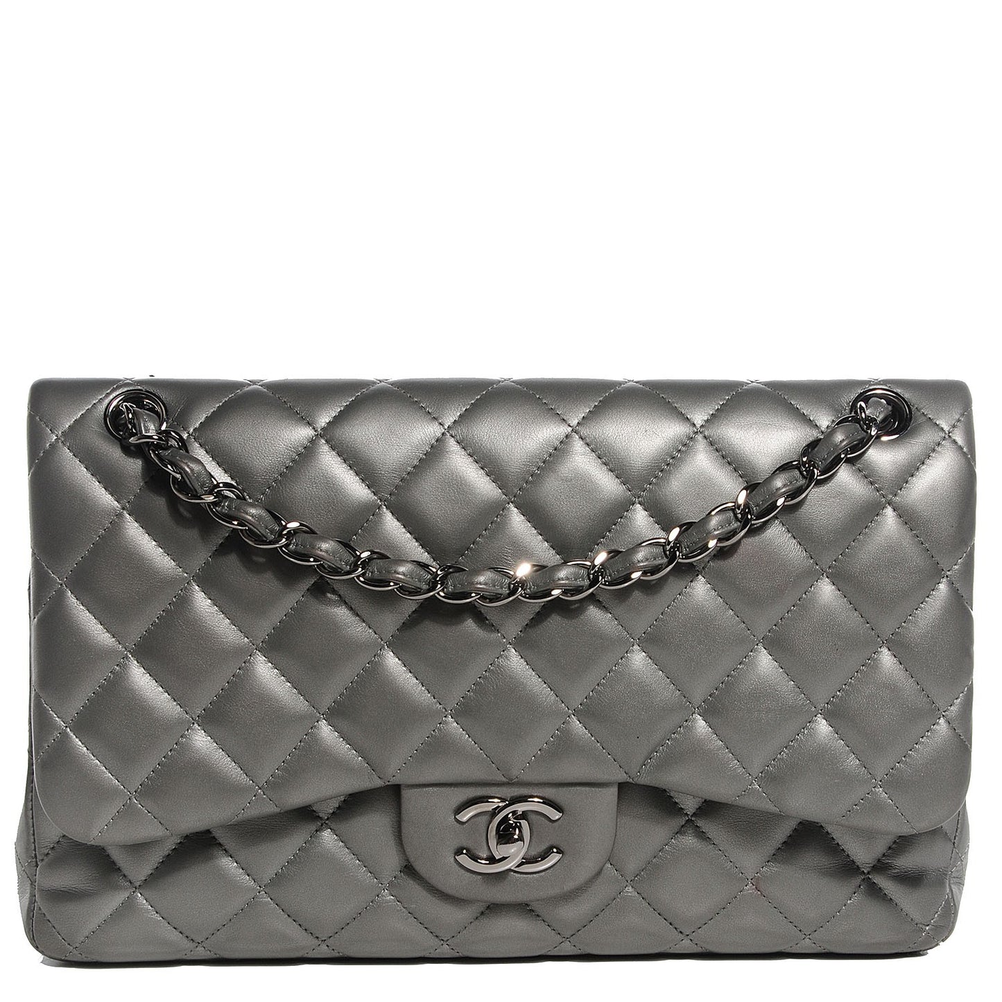 Lambskin Quilted Jumbo Double Flap Silver