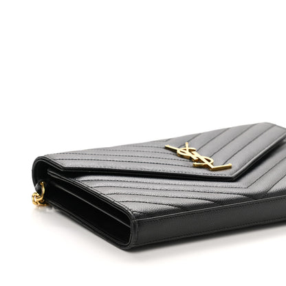 Saint Laurent Grain De Poudre Matelasse Chevron Monogram Chain Wallet Black 9 of 12