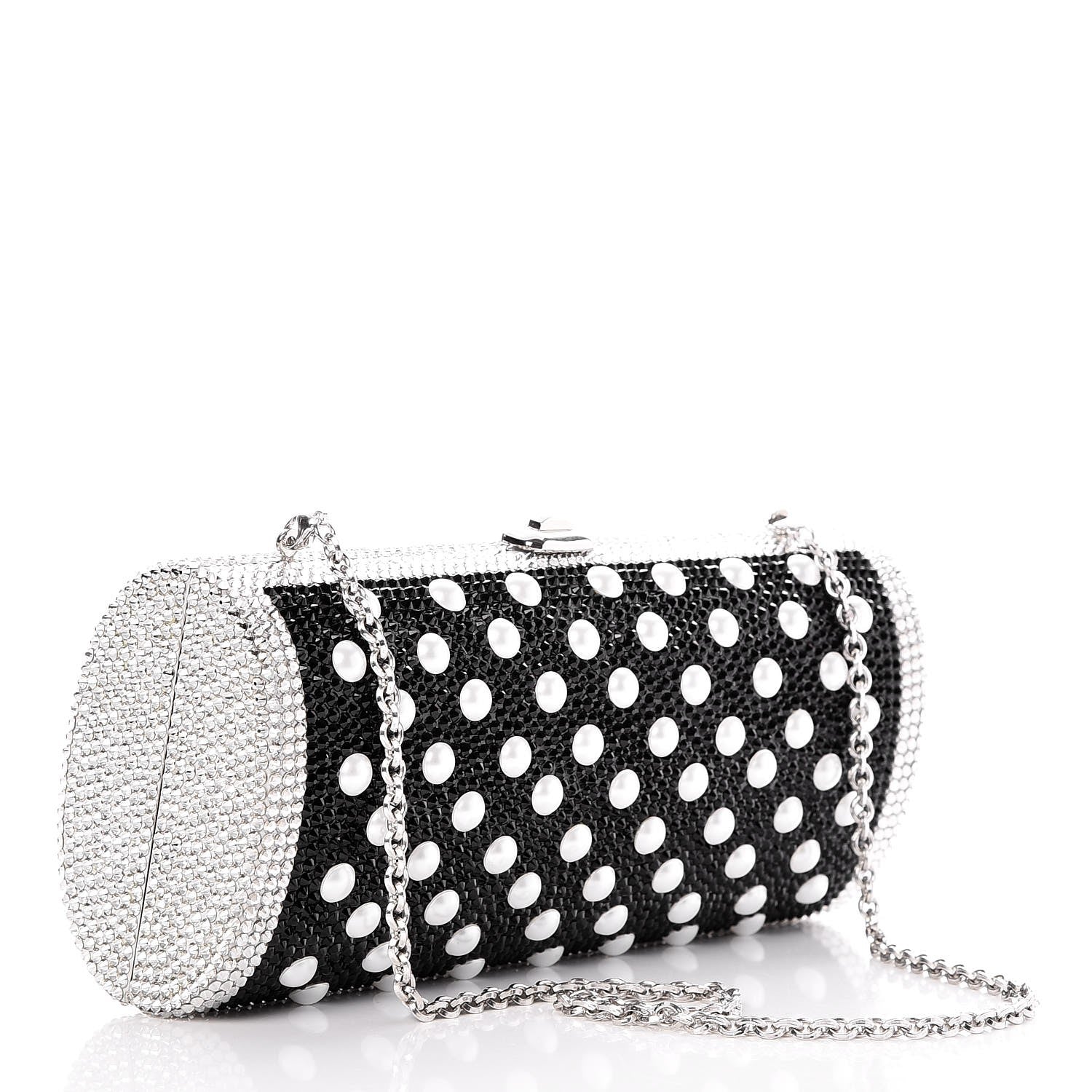Judith Leiber Crystal Pearl Minaudiere Clutch Silver Black 4 of 7