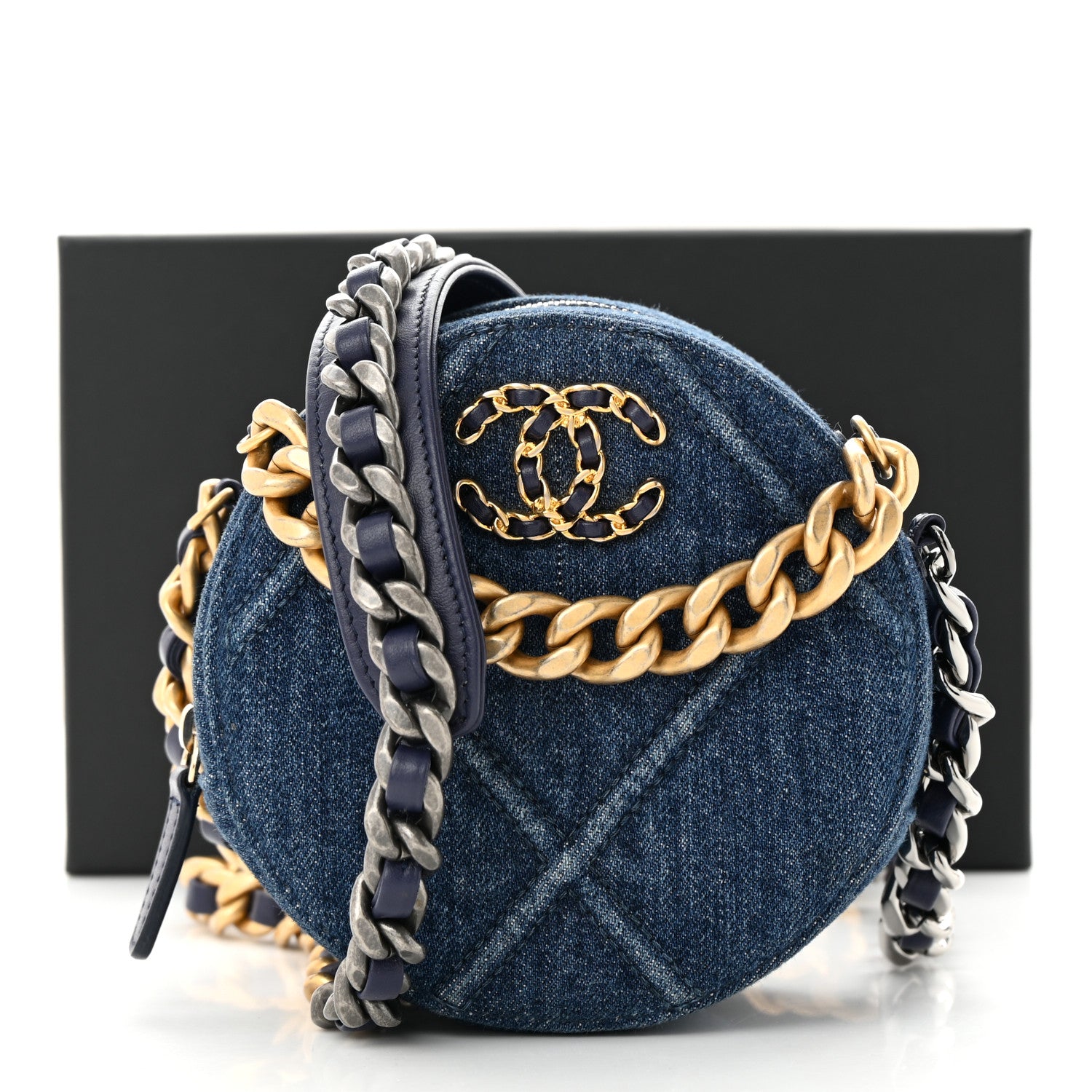 Chanel Denim Quilted Chanel 19 Round Clutch With Chain Blue 11 of 11