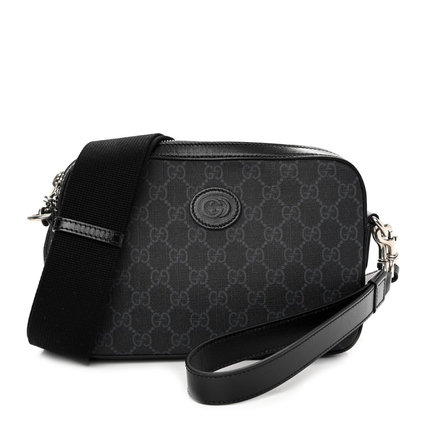 GG Supreme Monogram Azalea Calfskin Retro Interlocking G Wristlet Shoulder Bag Black