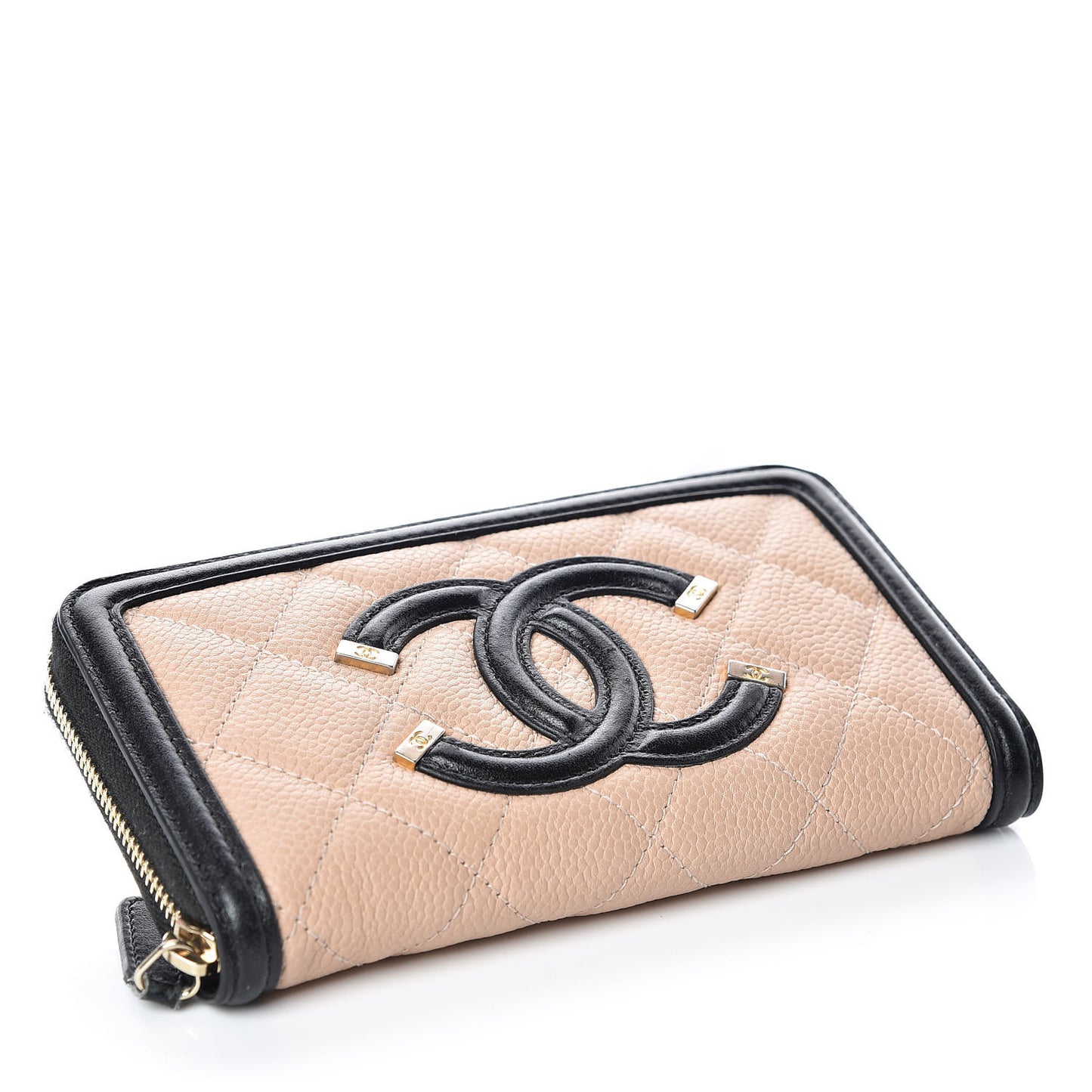Caviar Quilted Small Filigree Zip Around Wallet Beige Black