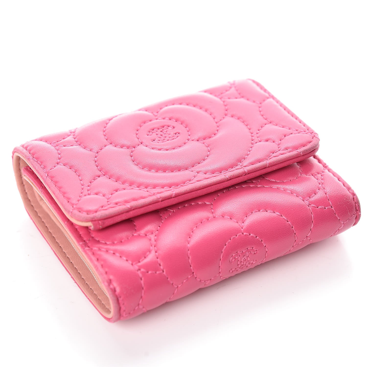 Chanel Lambskin Camellia Embossed Compact Wallet Fuchsia 5 of 10