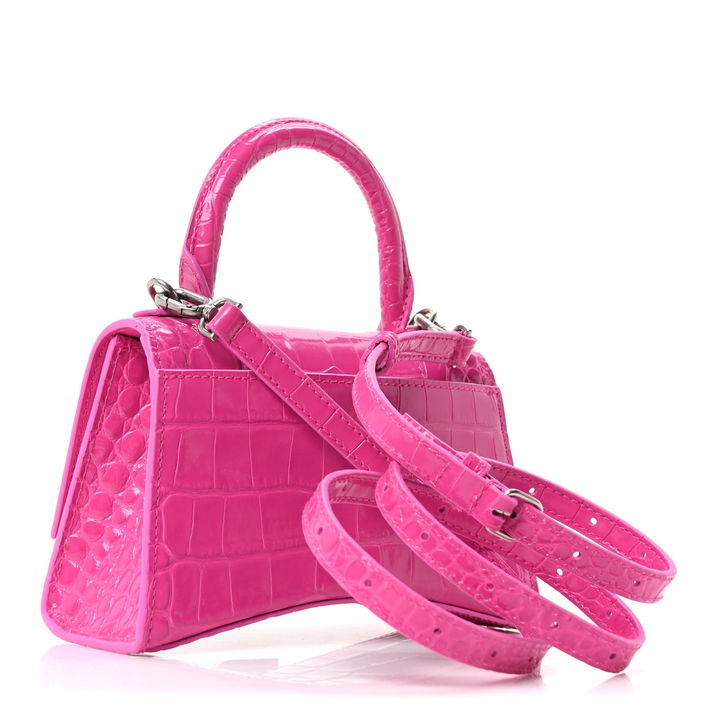 Shiny Calfskin Crocodile Embossed Hourglass Top Handle Bag XS Lipstick Pink
