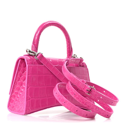 Balenciaga Shiny Calfskin Crocodile Embossed Hourglass Top Handle Bag XS Lipstick Pink 3 of 11