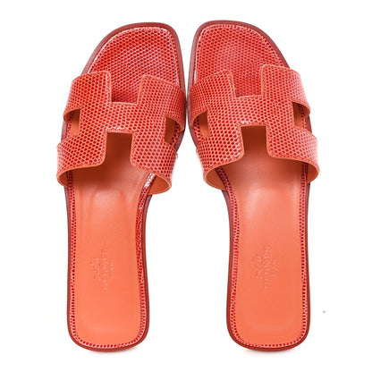 Hermes Lizard Oran Sandals 37 Rouge Coccinel 2 of 10