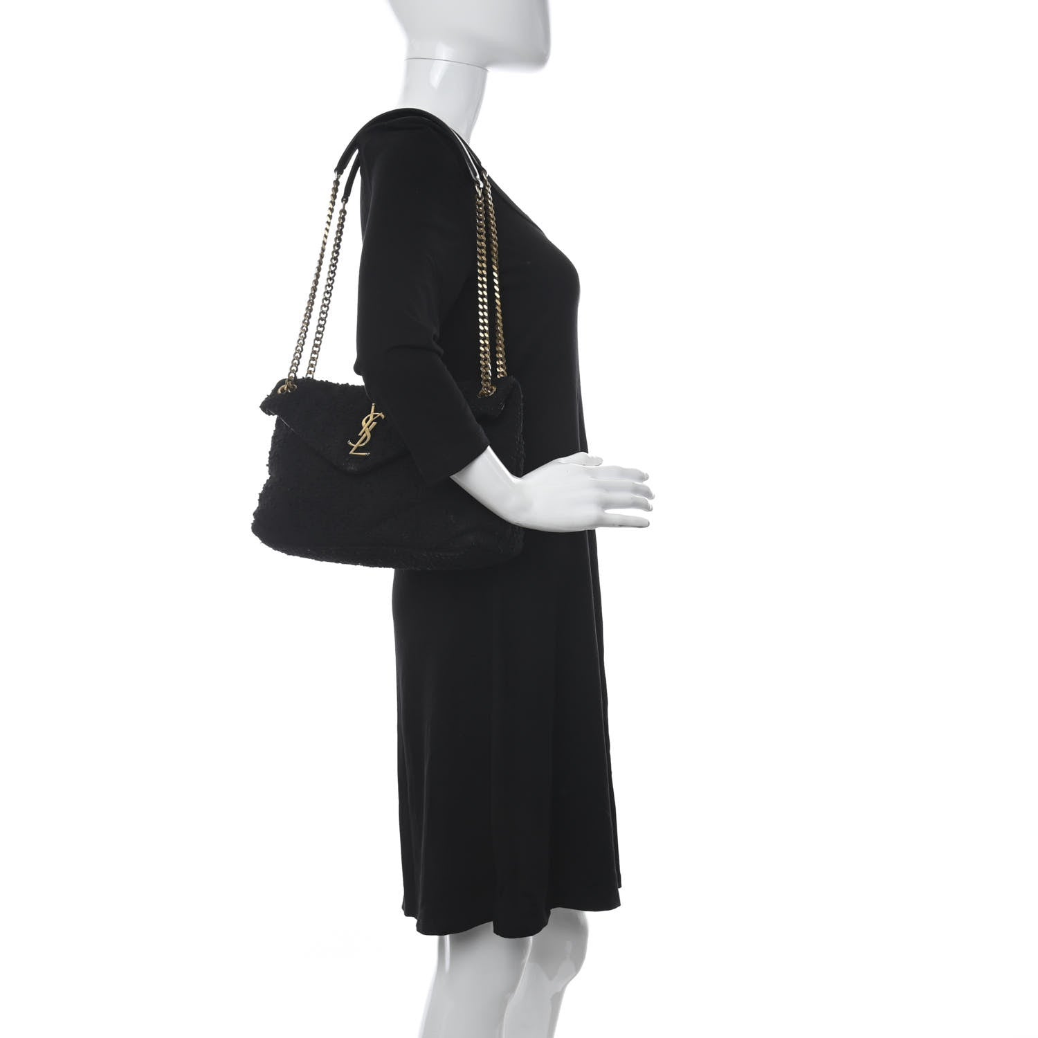 Saint Laurent Boucle Tweed Quilted Small Loulou Puffer Monogram Chain Satchel Black 2 of 12