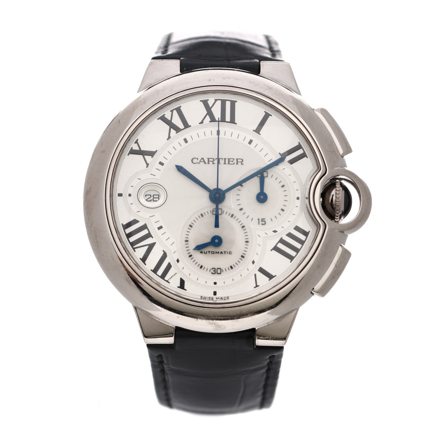 Cartier 18K White Gold Alligator 42mm Ballon Bleu De Cartier Chronograph Automatic Watch 1 of 8