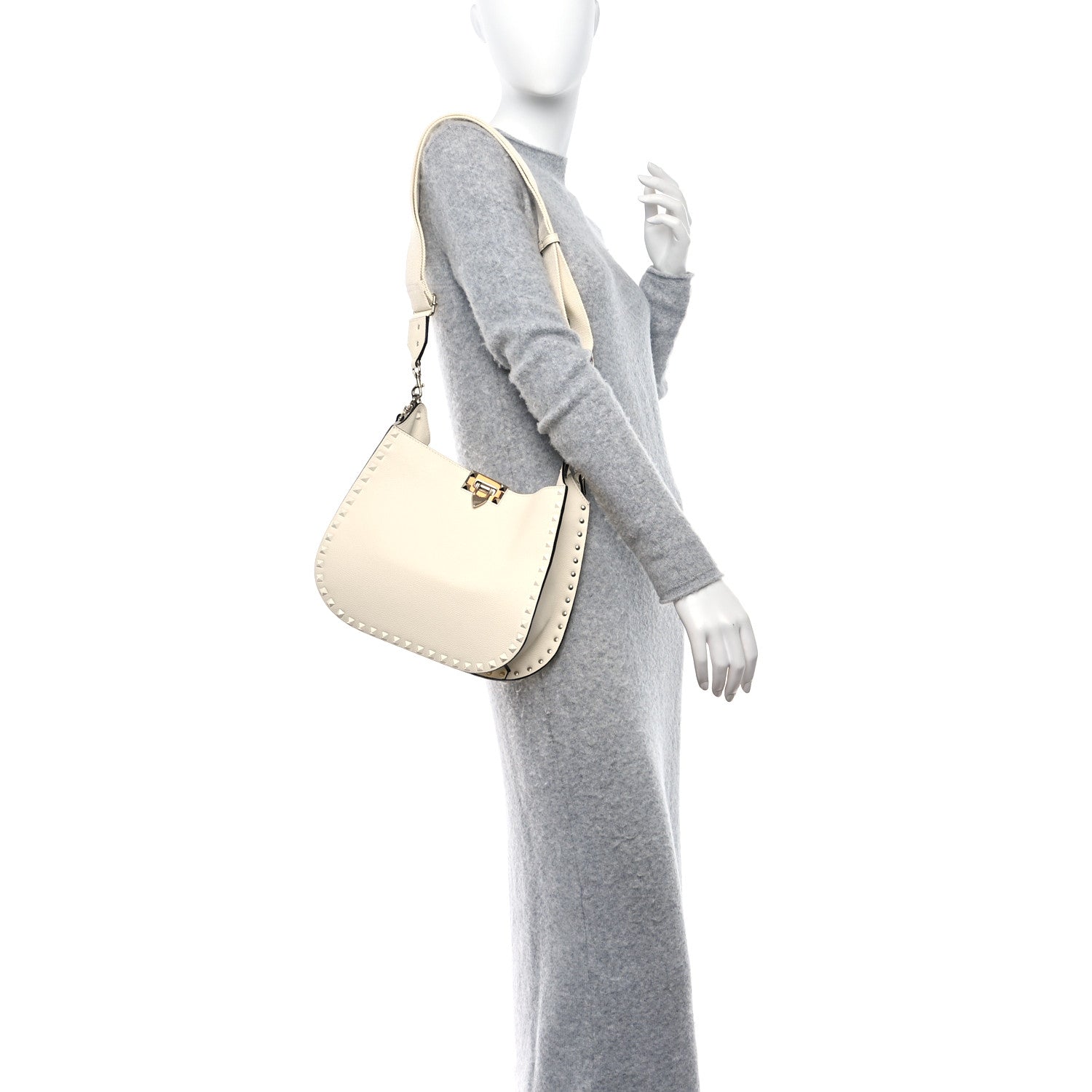 Valentino Garavani Grainy Calfskin Rockstud Flip-Lock Hobo Bag Ivory 2 of 9