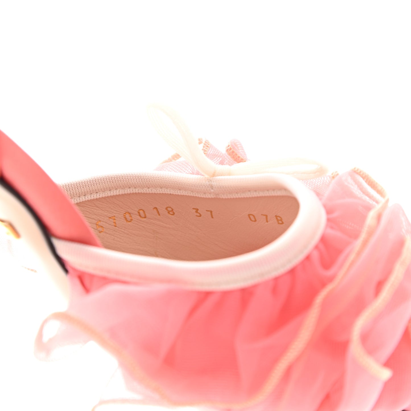 Tulle Ruffle Mid Heel Slingback Sandals 37 Peach White