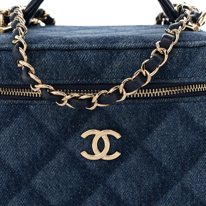 Chanel Printed Denim Quilted Mini Top Handle Vanity Case With Chain Dark Blue 8 of 10