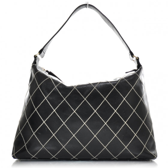 Leather Diamond Stitch Surpique Shoulder Bag Black