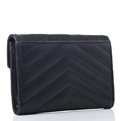 Saint Laurent Grain De Poudre Matelasse Chevron Small Monogram Envelope Wallet Deep Marine 2 of 4