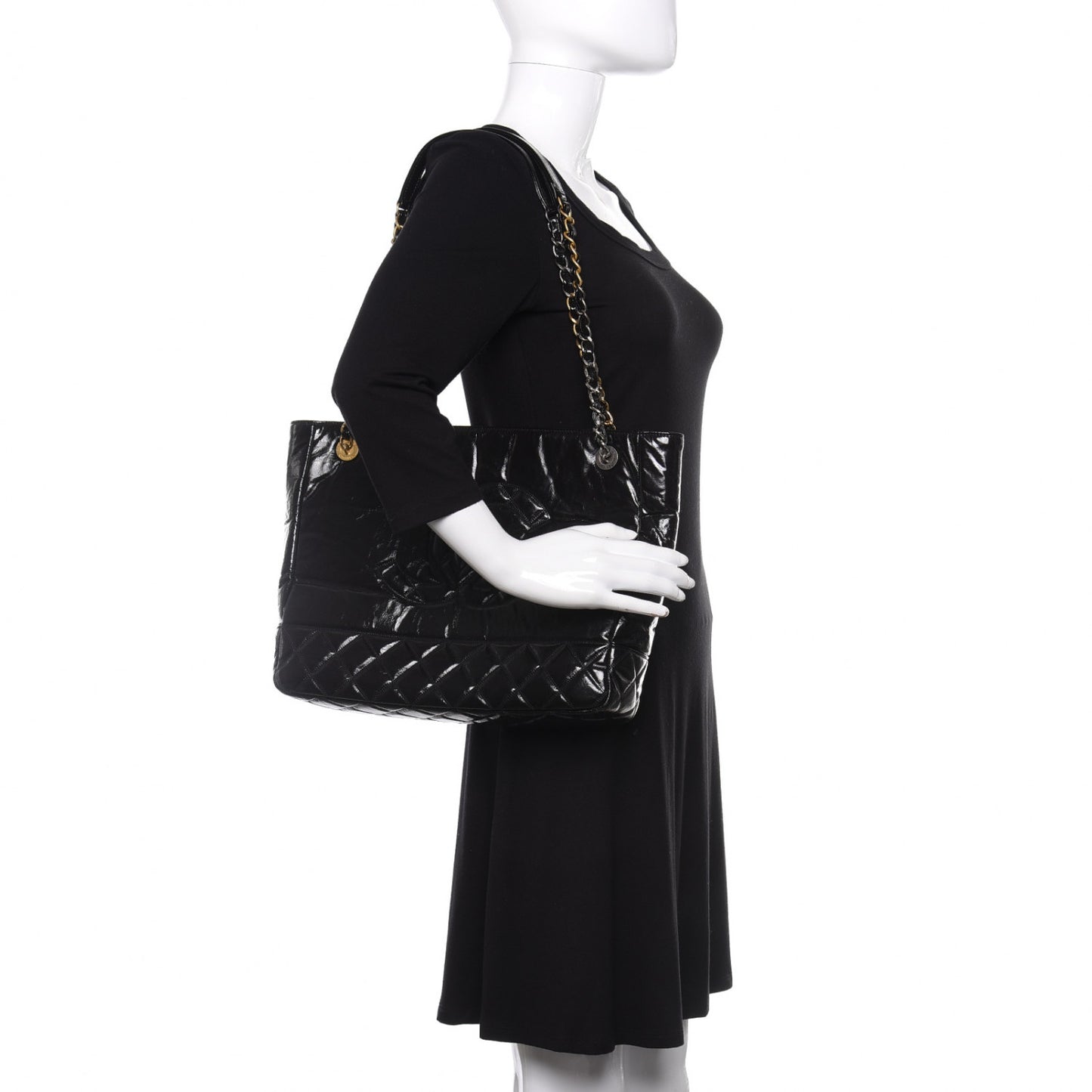 Shiny Aged Calfskin Quilted Small Shopping Bag Black