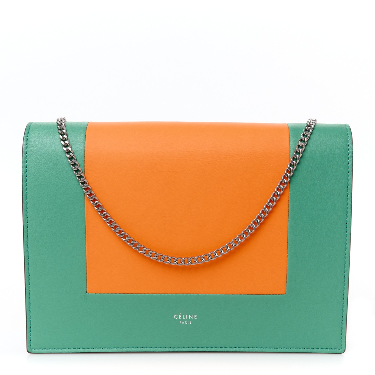 Celine Smooth Lambskin Frame Evening Chain Clutch Green Orange 1 of 9