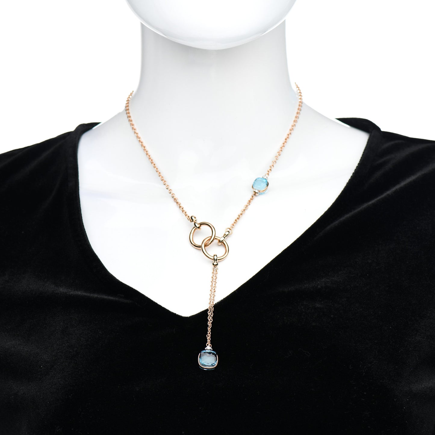 18K Rose Gold Diamond Blue Topaz Nudo Lariat Necklace