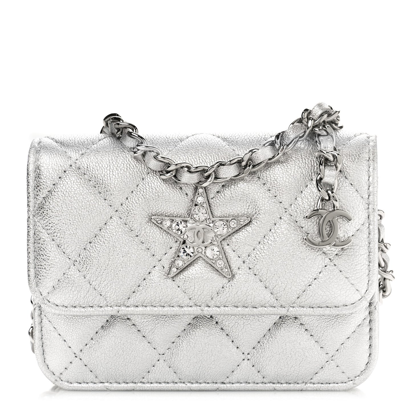 Metallic Goatskin Quilted Crystal CC Walk Of Fame Clutch With Chain Silver