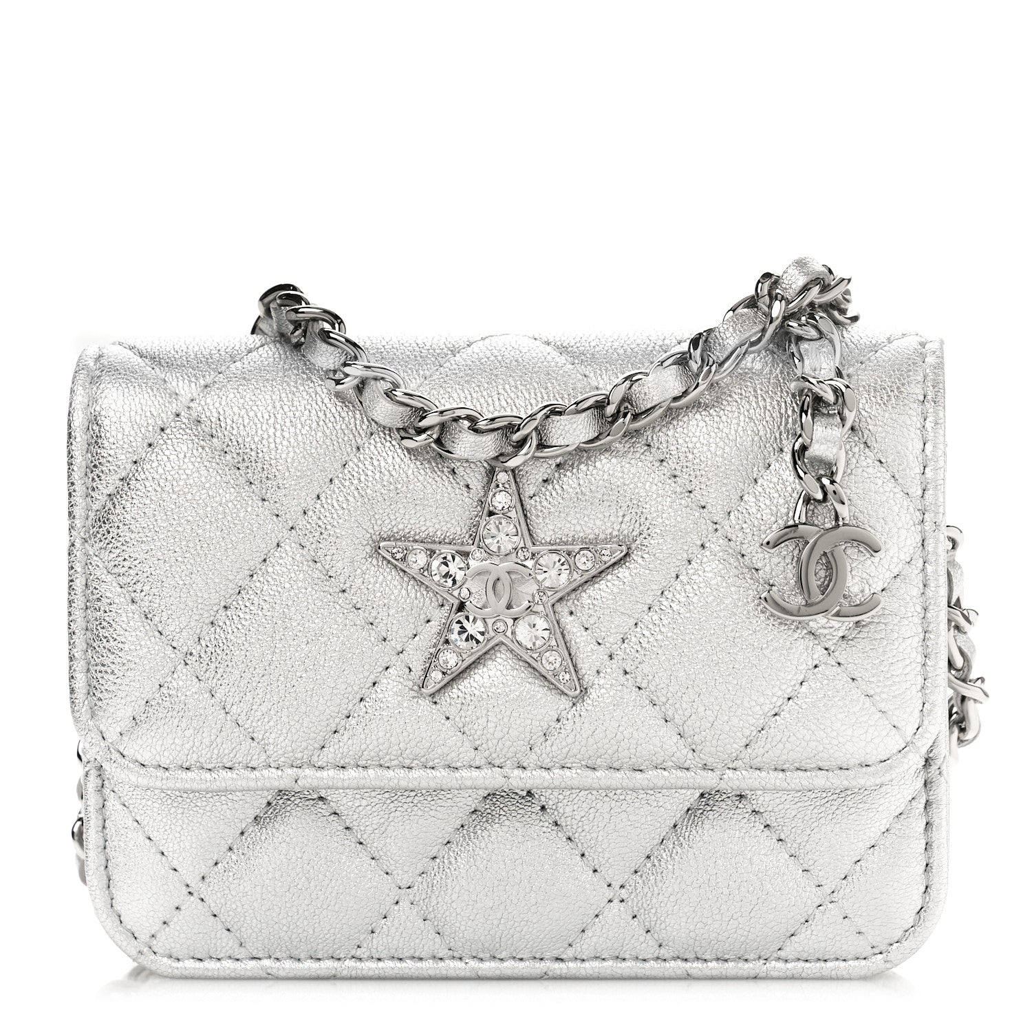 Chanel Metallic Goatskin Quilted Crystal CC Walk Of Fame Clutch With Chain Silver 1 of 10