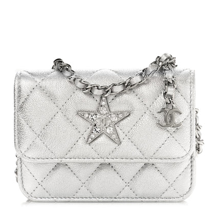 Chanel Metallic Goatskin Quilted Crystal CC Walk Of Fame Clutch With Chain Silver 1 of 10
