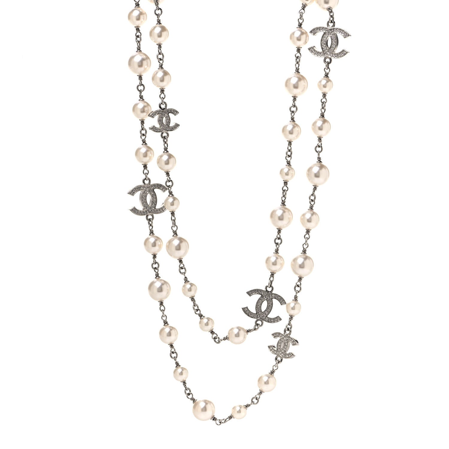 Chanel Graduated Pearl Crystal CC Long Necklace Silver 1 of 4