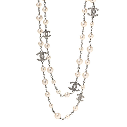 Chanel Graduated Pearl Crystal CC Long Necklace Silver 1 of 4