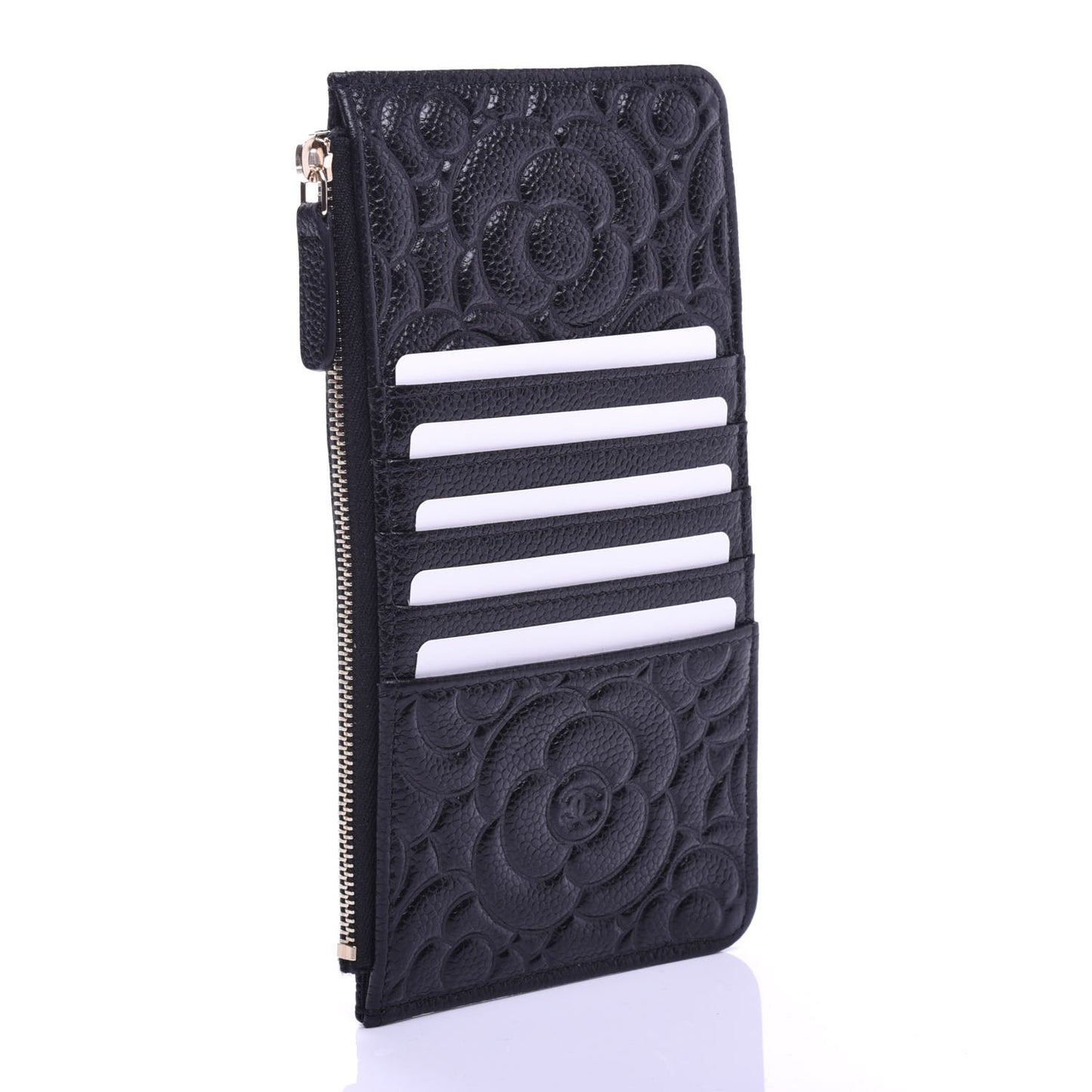 Caviar Camellia Embossed Classic Flat Wallet Pouch Black