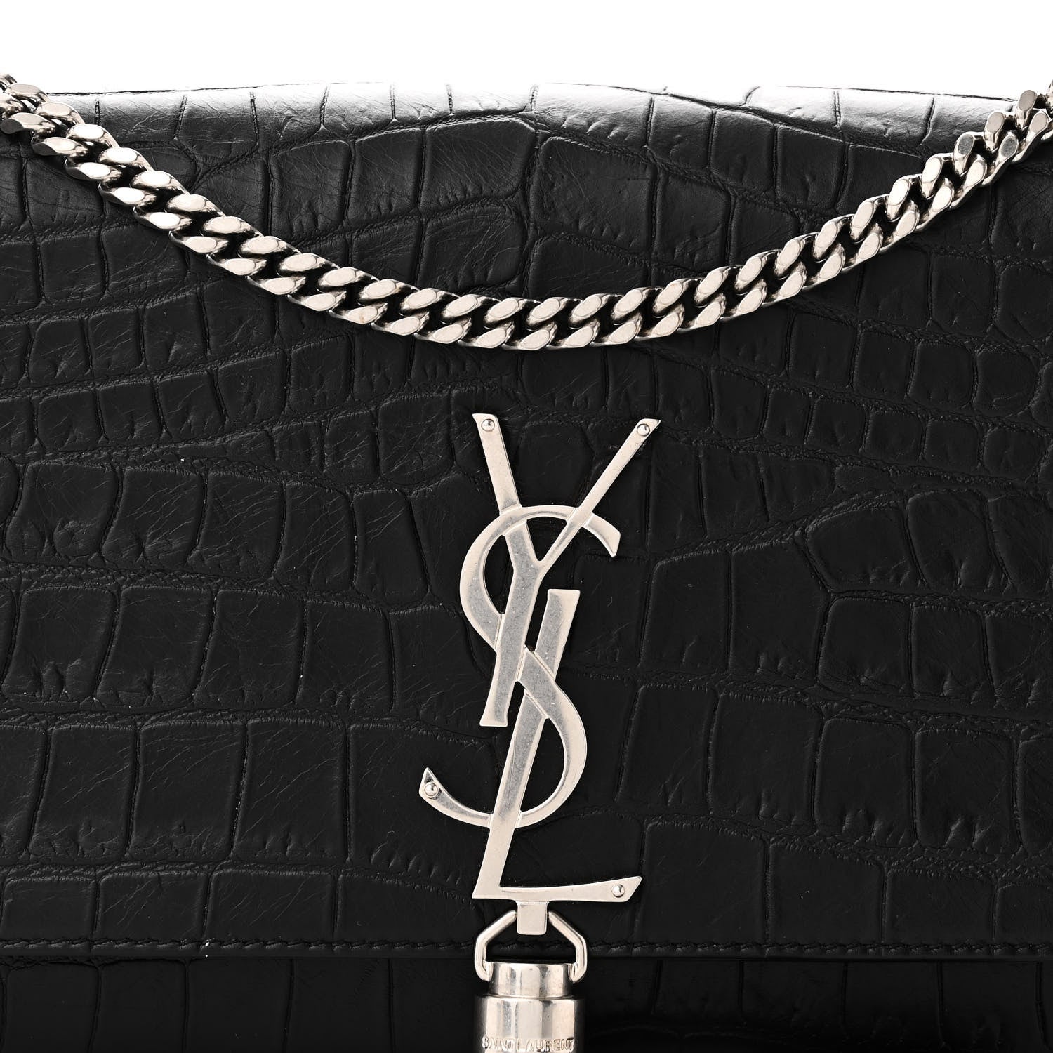 Saint Laurent Calfskin Crocodile Embossed Medium Classic Monogram Kate Tassel Satchel Black 7 of 9