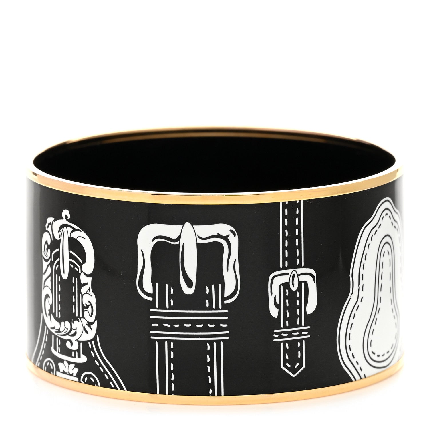 Hermes Enamel Printed Harnais Des Presidents Extra Wide Bracelet 62 Black 1 of 6