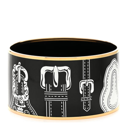 Hermes Enamel Printed Harnais Des Presidents Extra Wide Bracelet 62 Black 1 of 6