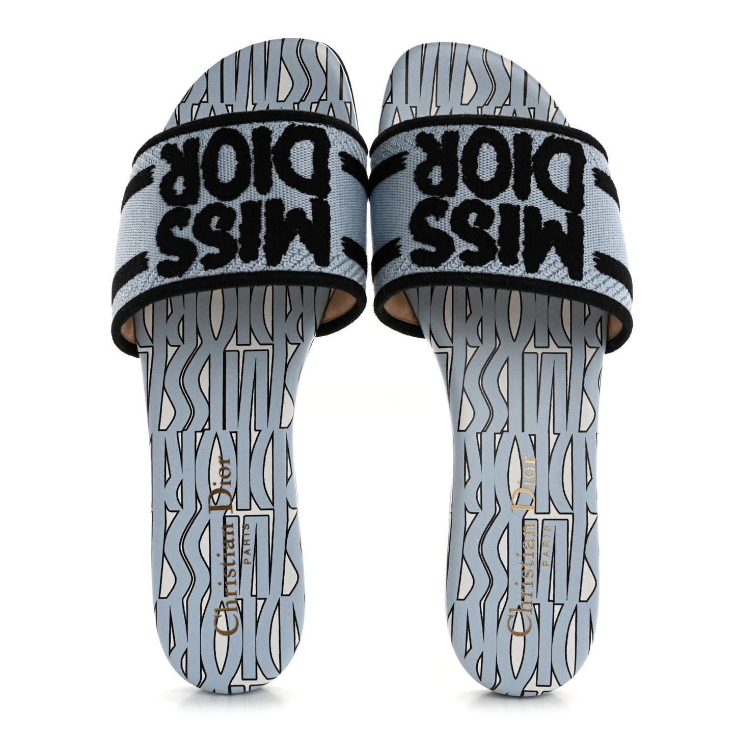 Canvas Embroidered Miss Dior Allover Dway Flat Slide Sandals 36 Azure Pale