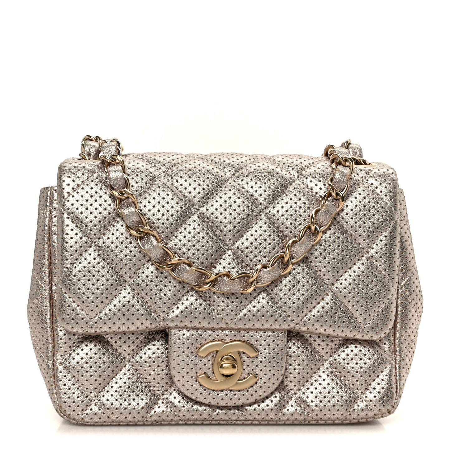 Metallic Lambskin Perforated Mini Square Flap Light Pink
