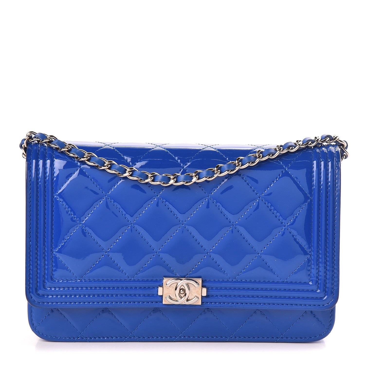 Chanel Patent Calfskin Quilted Boy Wallet On Chain WOC Dark Blue 1 of 12