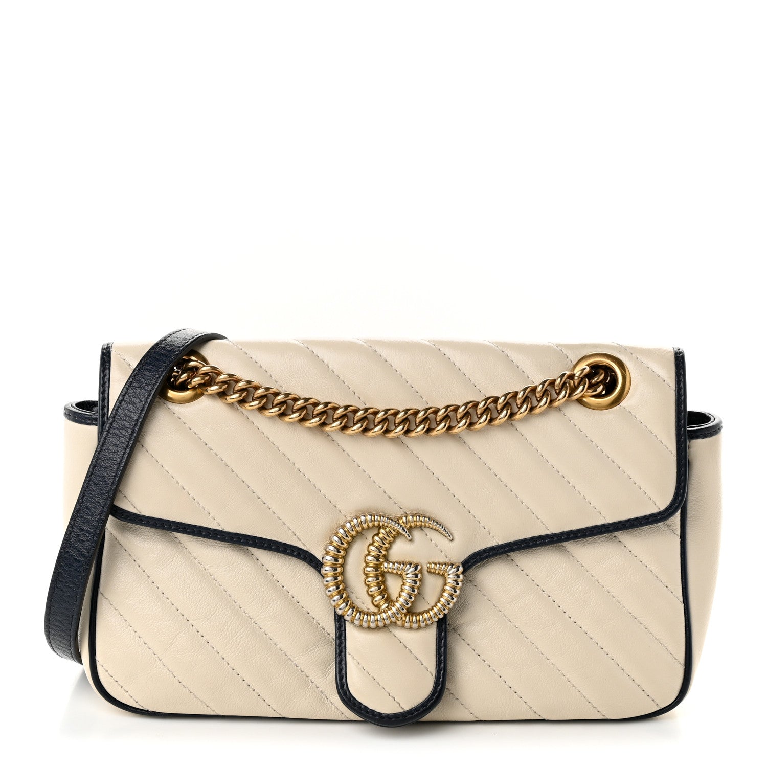 Gucci Vintage Effect Calfskin Matelasse Diagonal Small Torchon GG Marmont Shoulder Bag Mystic White Blue Agata 1 of 10
