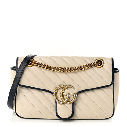 Gucci Vintage Effect Calfskin Matelasse Diagonal Small Torchon GG Marmont Shoulder Bag Mystic White Blue Agata 1 of 10