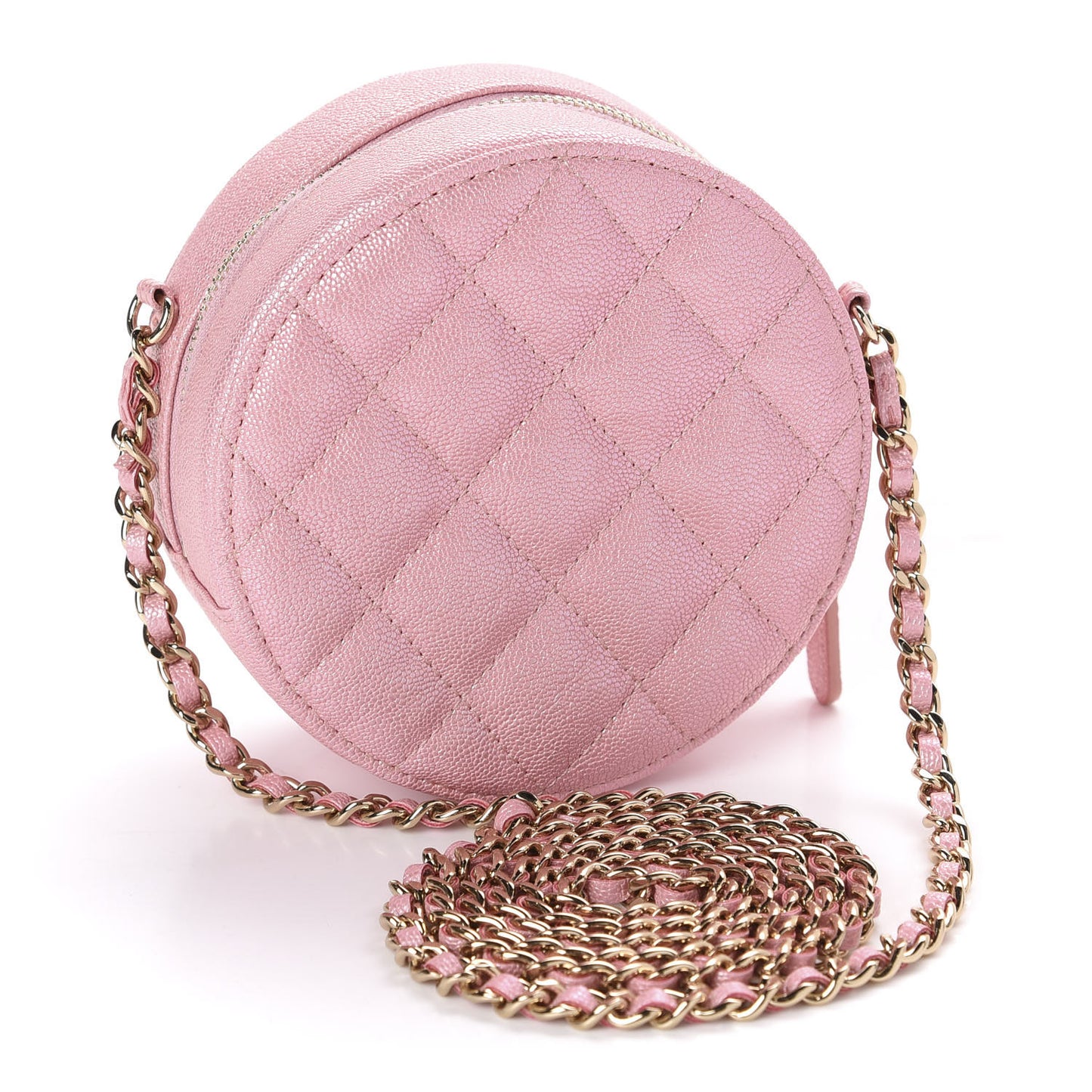 Iridescent Caviar Quilted Round Clutch With Chain Pink